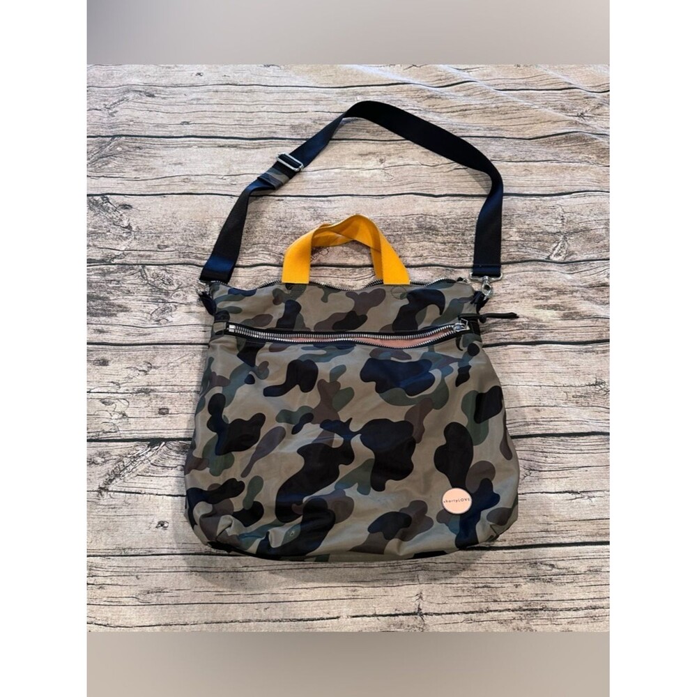 Shortylove Wonder Crossbody Bag in Camo Nylon Tote with Yellow Handles ~15”x14”